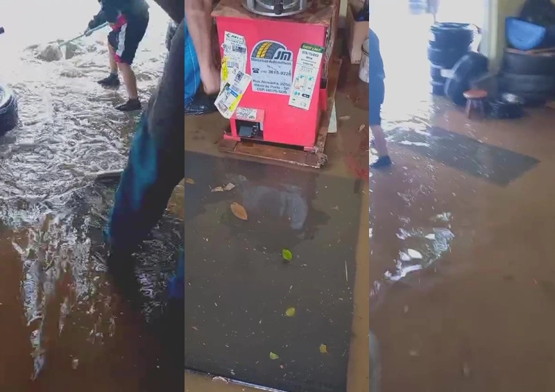 Borracharia fica alagada após forte chuva em Paramirim no sudoeste da Bahia