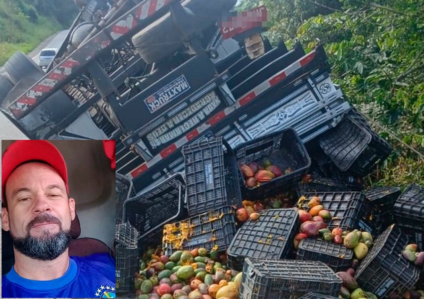 Motorista morre após caminhão carregado de mangas tombar na BR-330 no sudoeste da Bahia