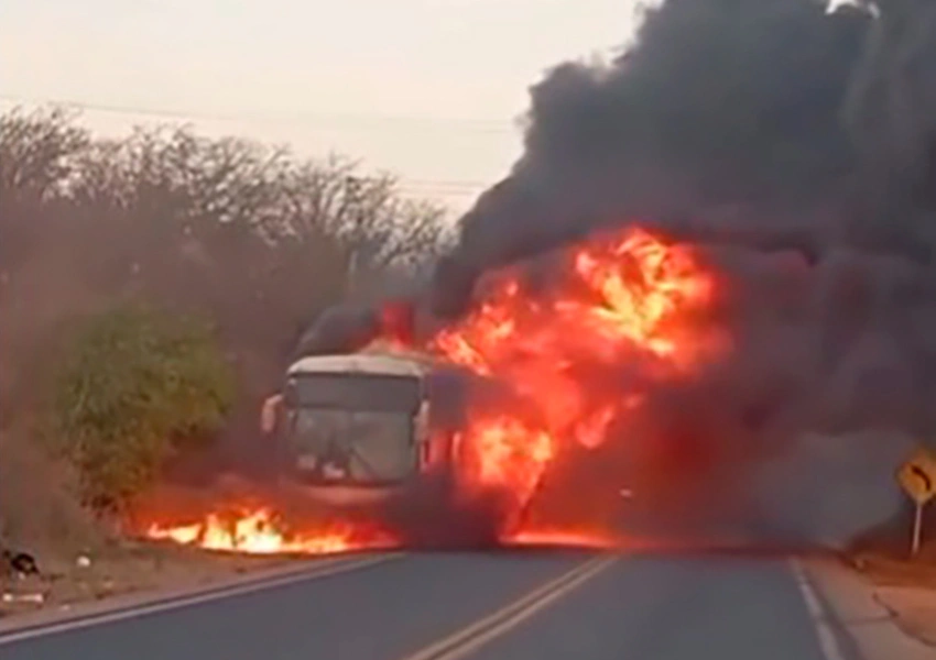 Ônibus da Novo Horizonte pega fogo na BR-030 entre Guanambi e Caetité