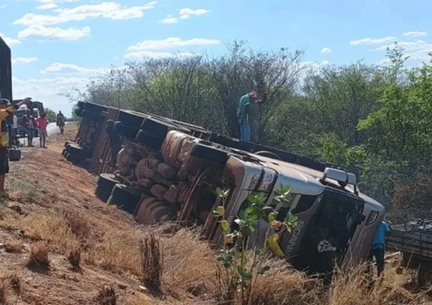 Carreta carregada de bois tomba na BR-030 deixa mais de 14 animais mortos e motorista fica ferido