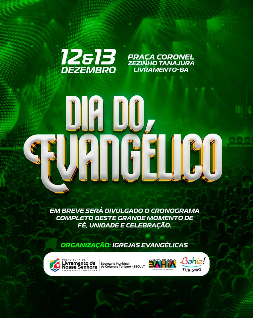 Livramento anuncia celebração do Dia do Evangélico nos dias 12 e 13 de dezembro