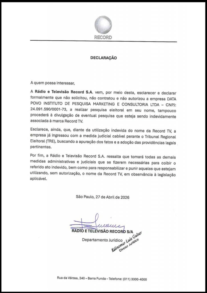 Record TV nega ter contratado pesquisa eleitoral registrada pelo Data Povo no TSE