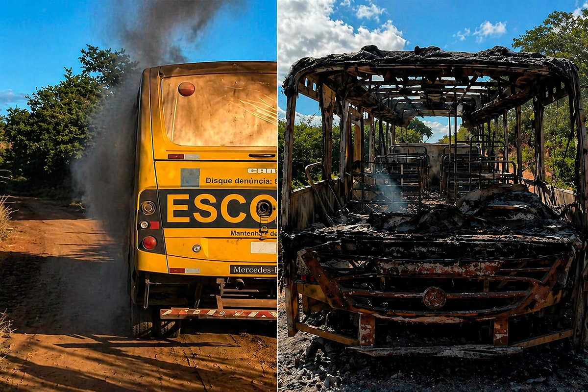 Ônibus com estudantes pega fogo e fica destruído na zona rural de Rio do Antônio
