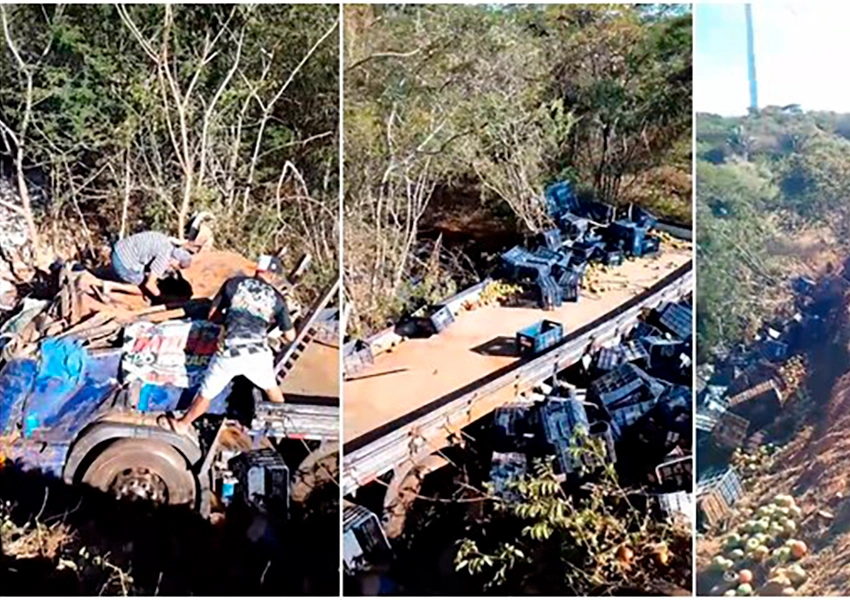 Caminhão carregado com tomates tomba na Serra dos Brindes e tem baterias furtadas em Guanambi